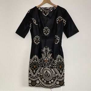 Merada Women’s S Black Floral Embroidered Short Sleeve Pencil Midi Dress